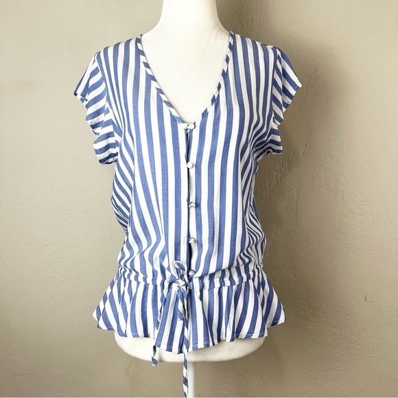 Rails Bretton Monaco Stripe Gathered Short Sleeve V-Neck Blouse Size Small - Picture 1 of 12